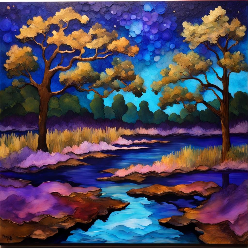 Scrub Oak Forest at Twilight: Neo-Impressionist Painting