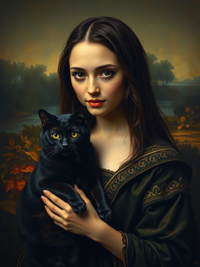 Enigmatic Dark Fantasy Portrait with Black Cat in Oil