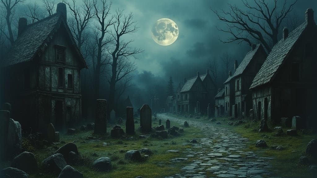 Dark Fantasy Medieval Village Under Moonlit Sky
