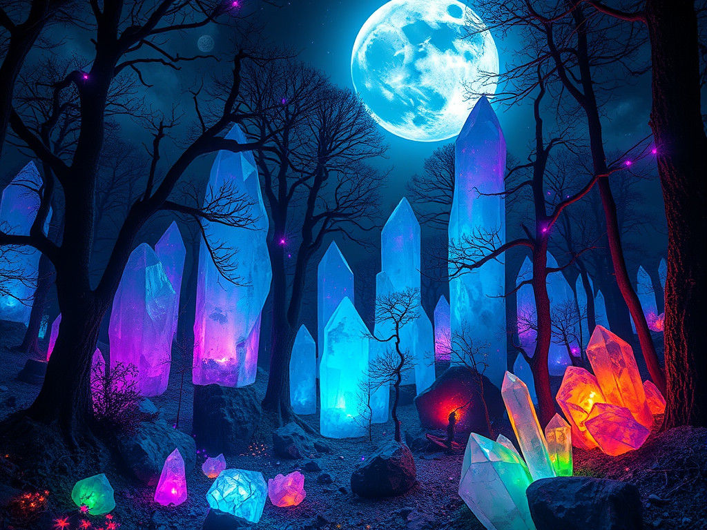 Bismuth Crystal Forest Under Moon in Bioluminescent Colors