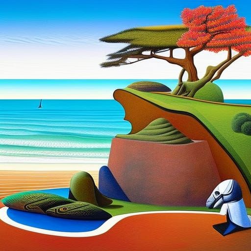 Surreal Sphinx on Lonely Beach in Surrealist Style