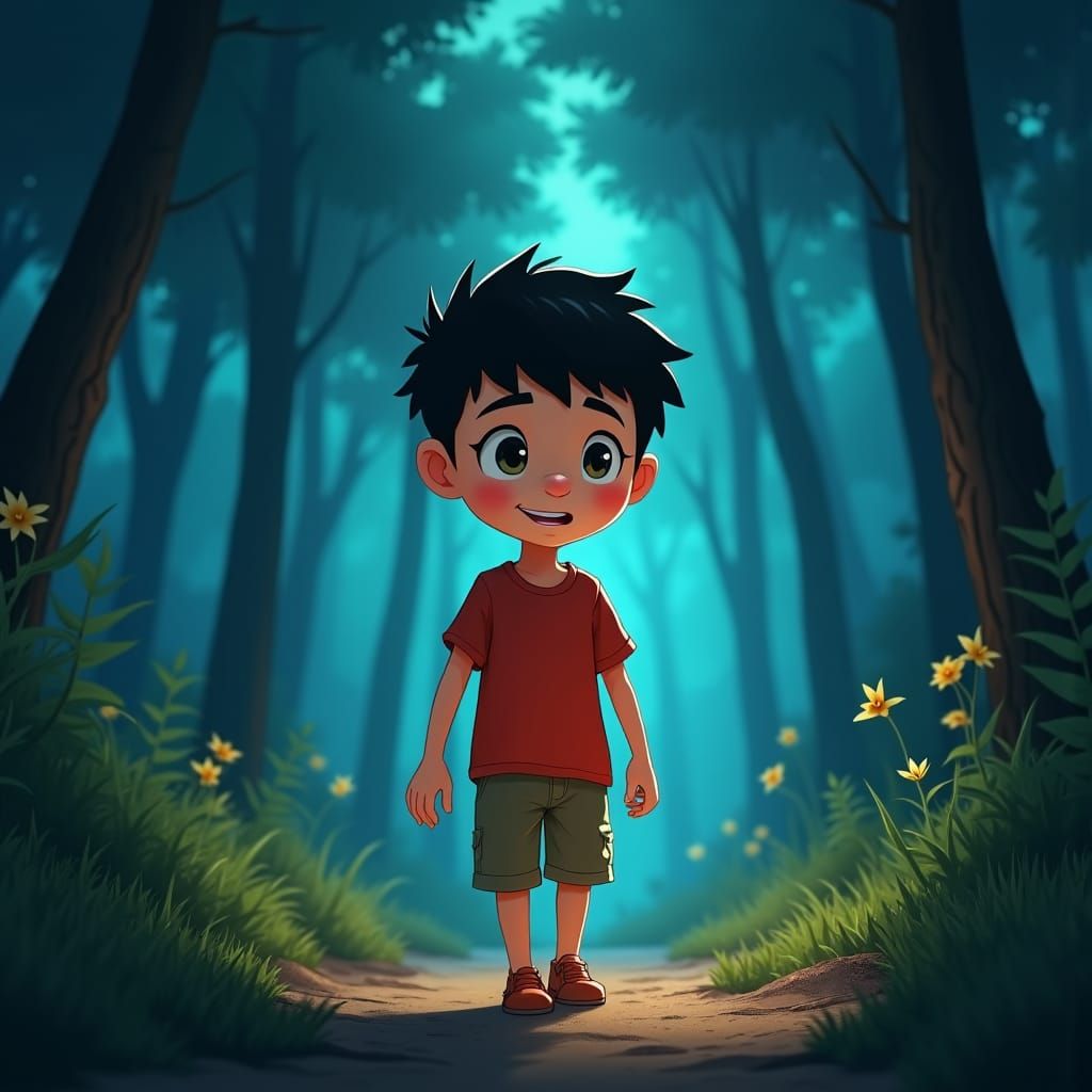 Cartoon Boy Lost in Dark Forest, Digital Art