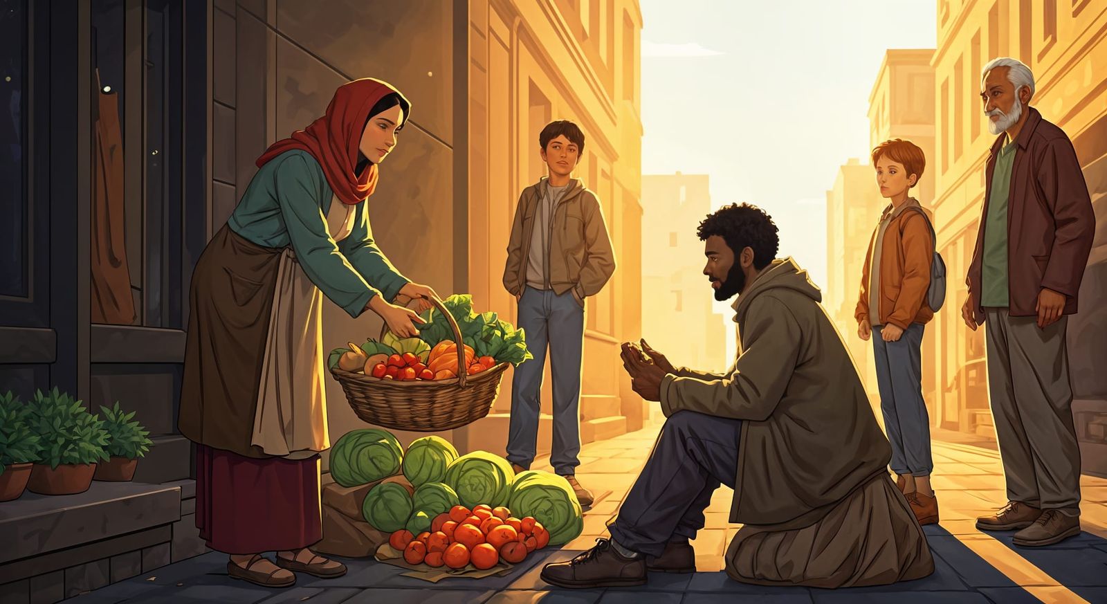 A Heartwarming Scene of Generosity in a Vibrant Cityscape