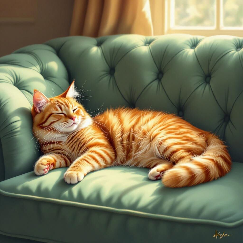Orange Tabby Cat Relaxing on Velvet Couch
