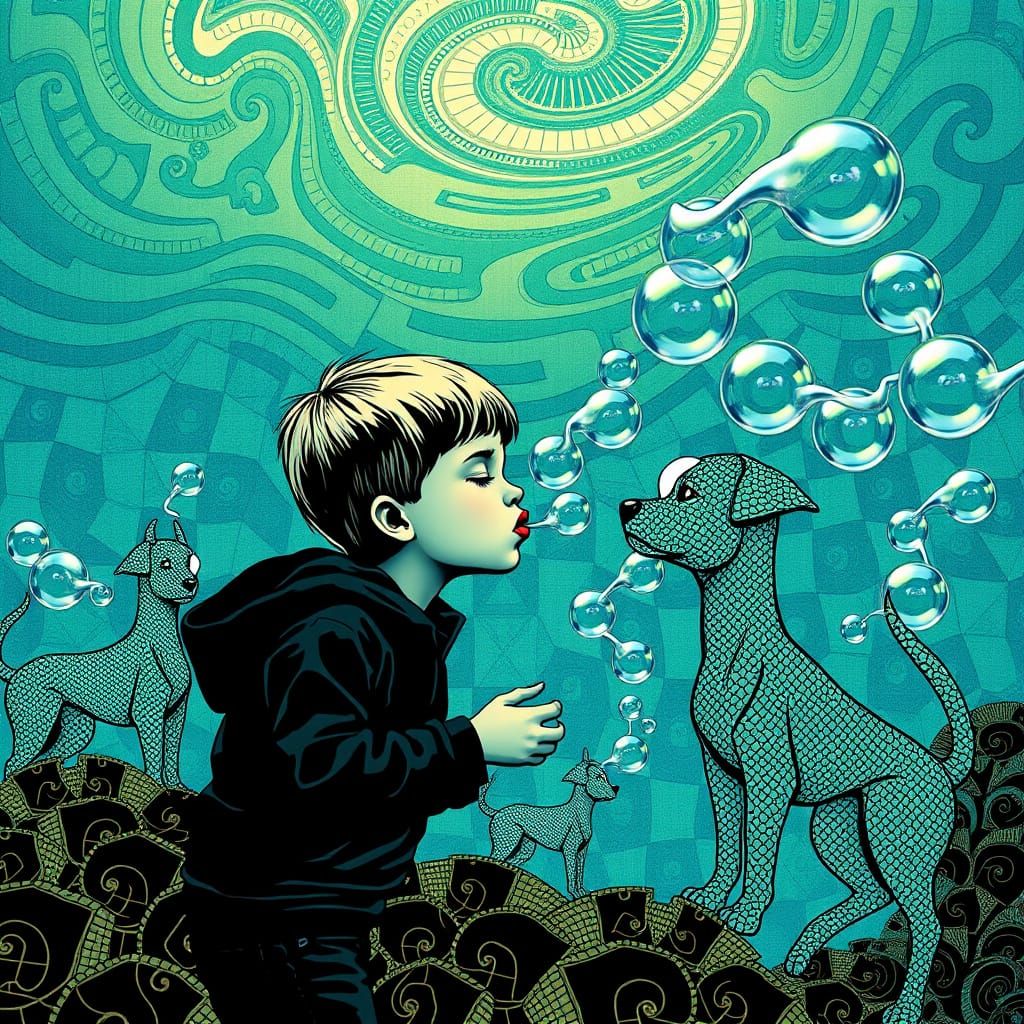 Boy Blowing Dog Bubbles in Tessellated Dreamscape