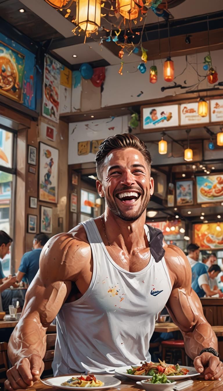 Happy Muscular Man Eating: Hyperrealistic Splash Art