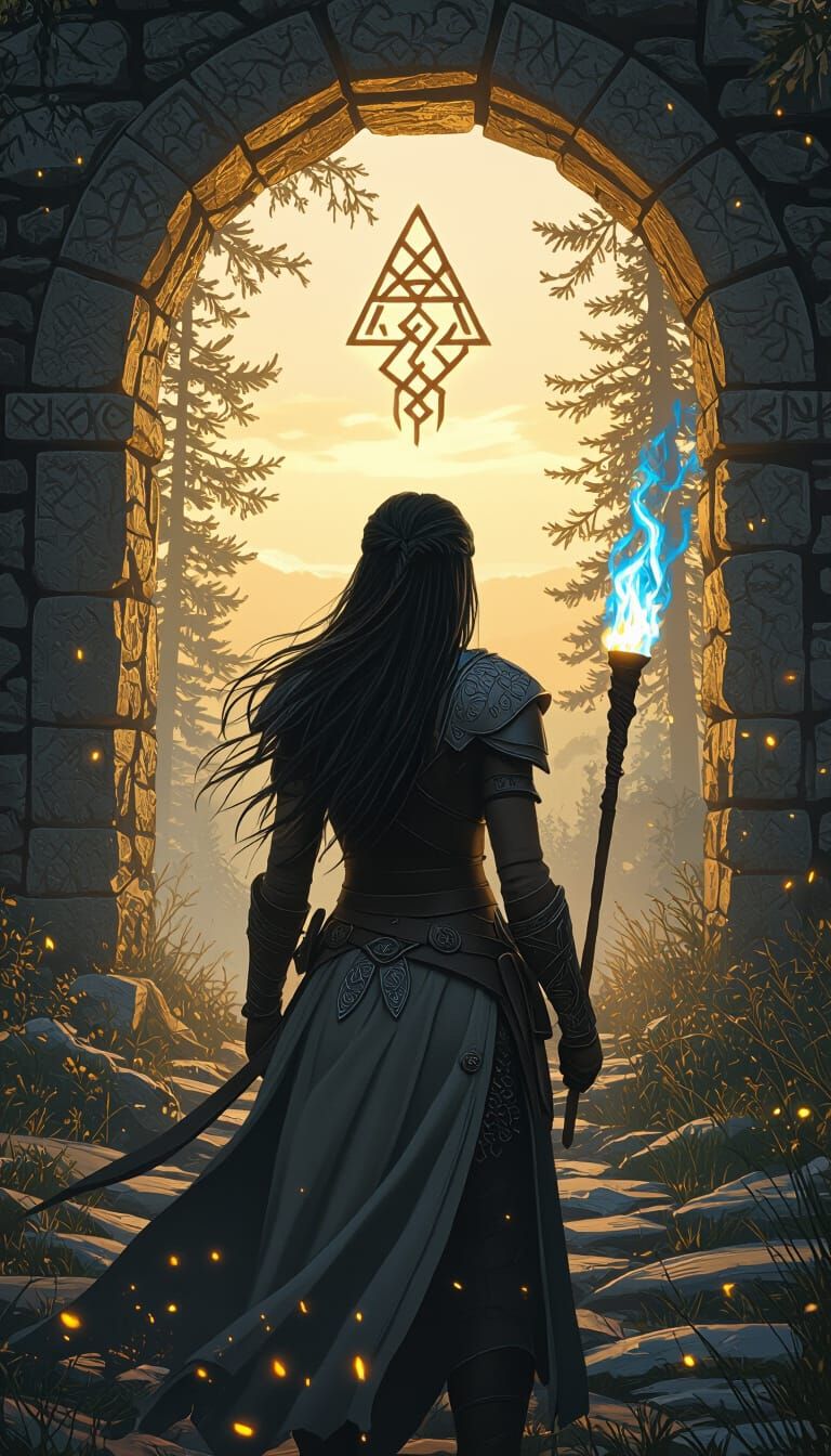 Nordic Shieldmaiden in Glowing Forest Archway