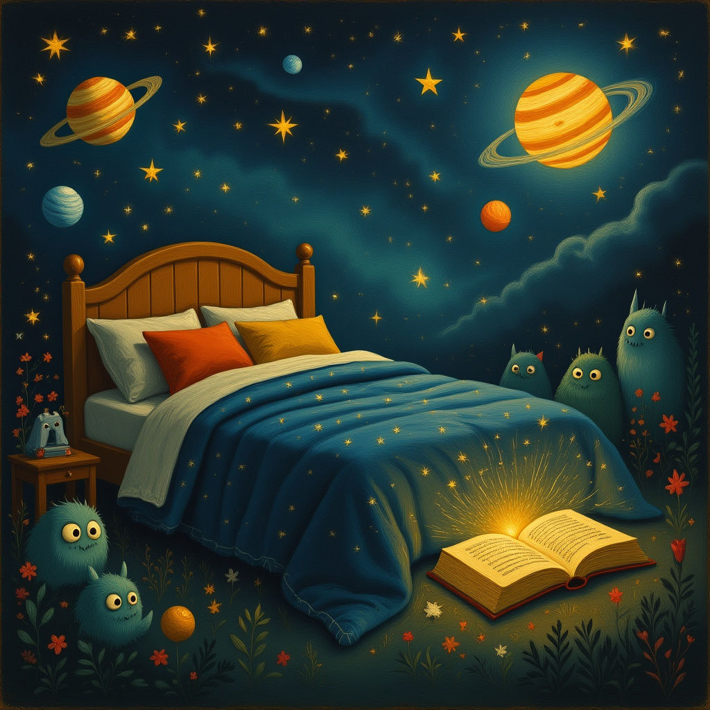 Bedtime Stories: A Visionary Art Painting of Magical Flight
