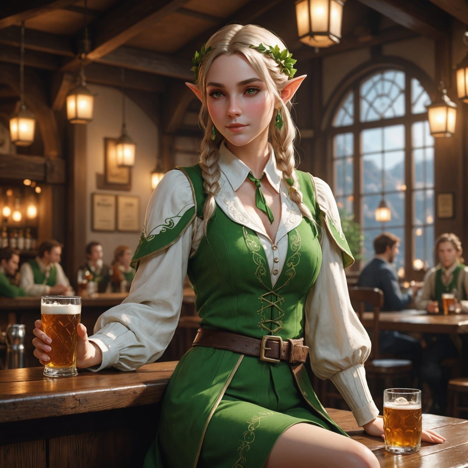Elf Woman in Tavern: Anime Style 3D Art