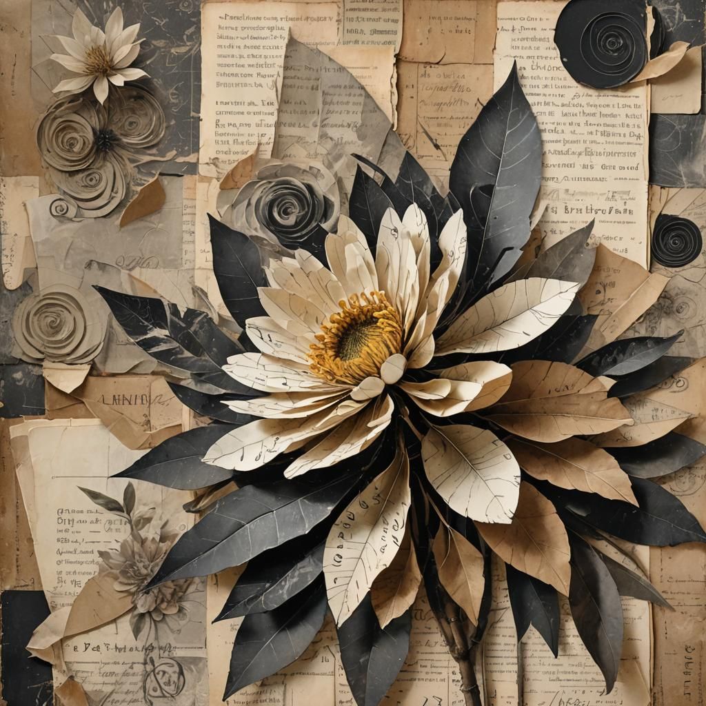 Detailed Mixed Media Collage with Antique Papers