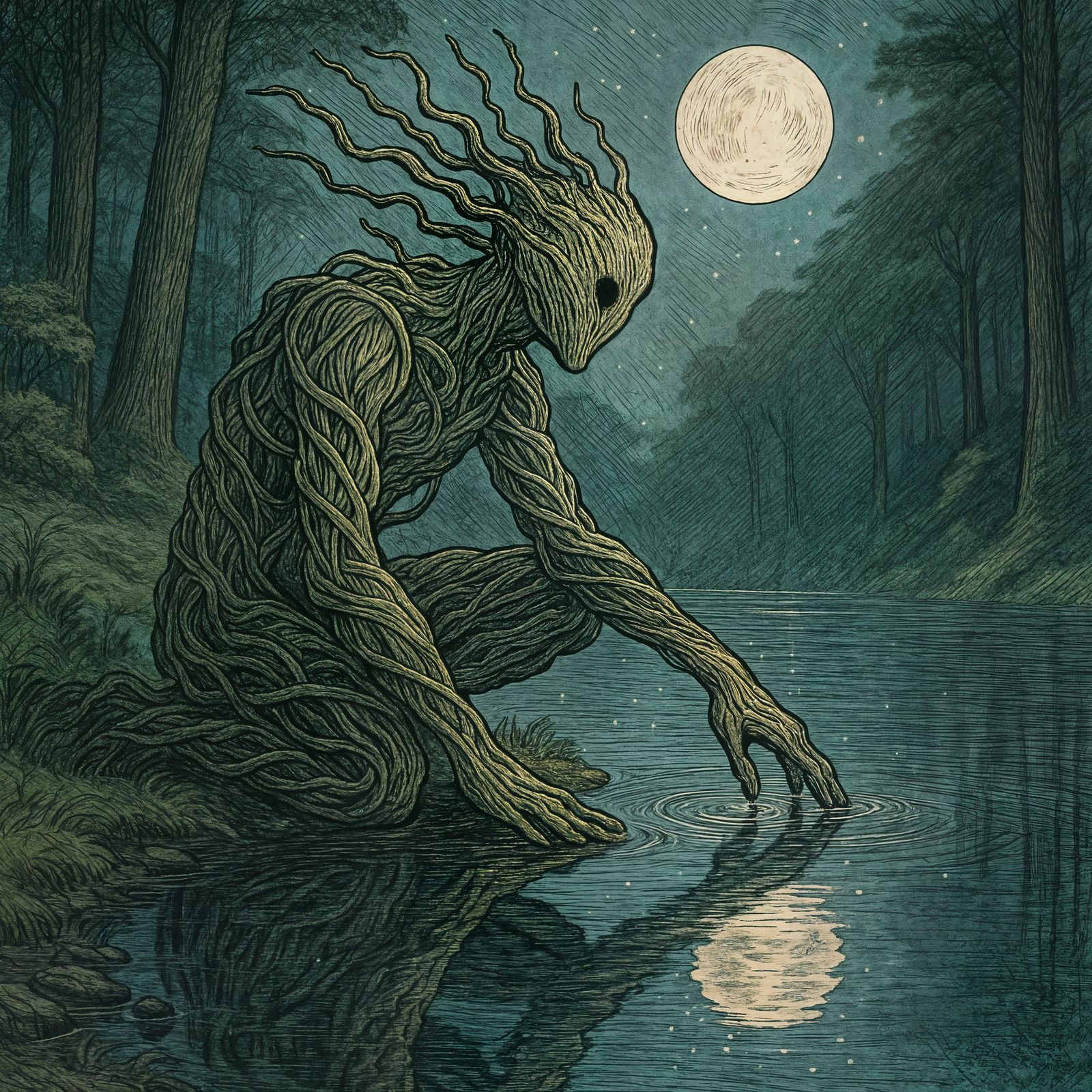 Ancient Forest Guardian Inspects His Reflection