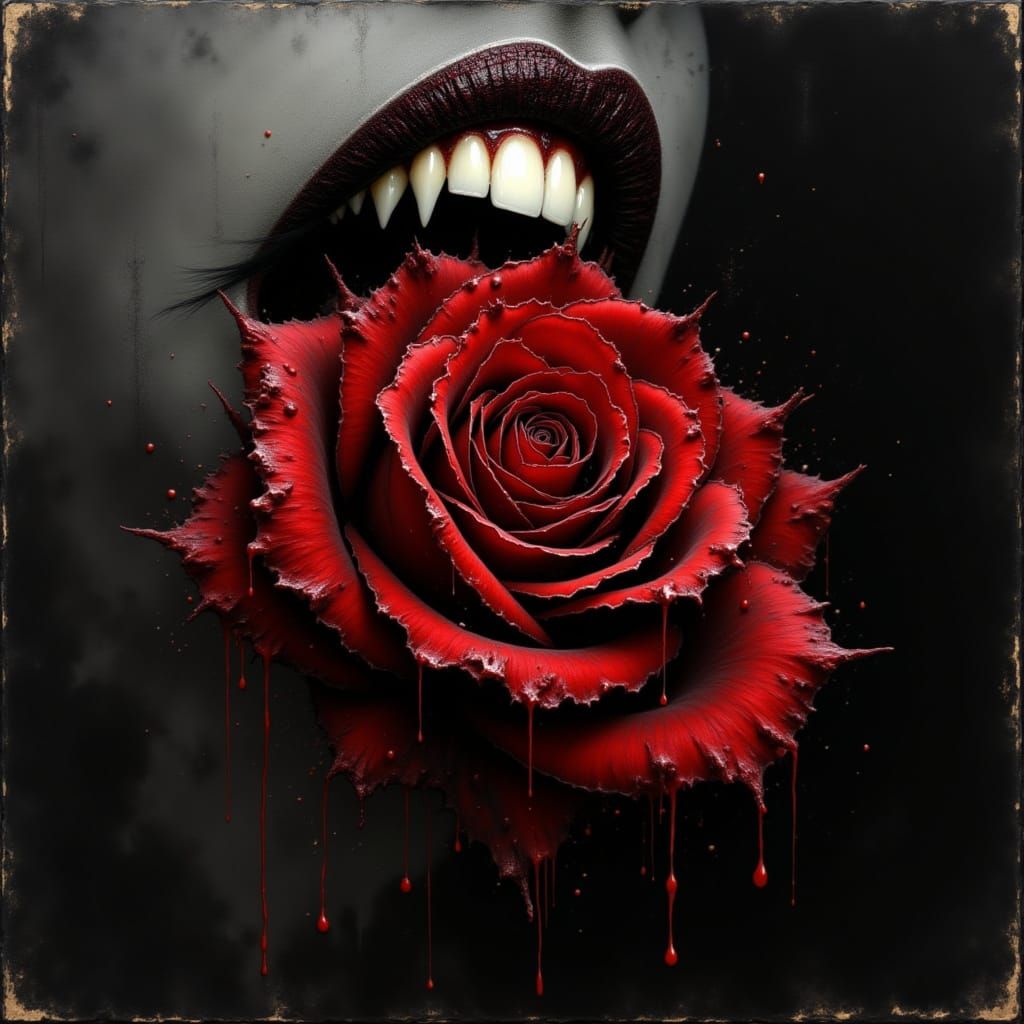 Gothic Vampire Biting Rose in Dramatic Light