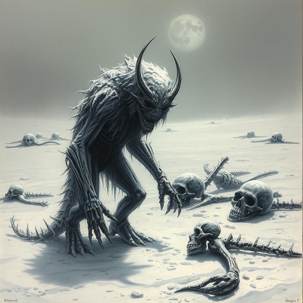 Icy Cerberus in Snowy Clearing: Horror Art