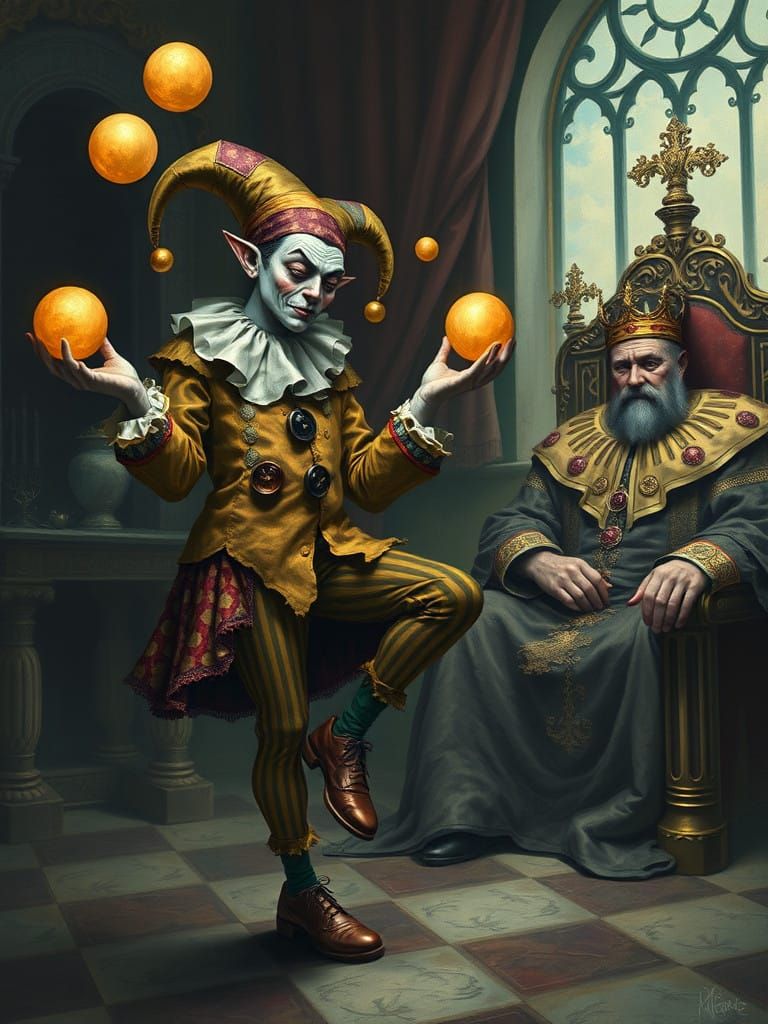 Whimsical Jester's Desperate Plea in Vibrant Colors