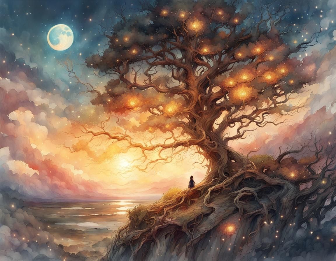 Golden Hour Tree: Hyperdetailed Watercolor Illustration