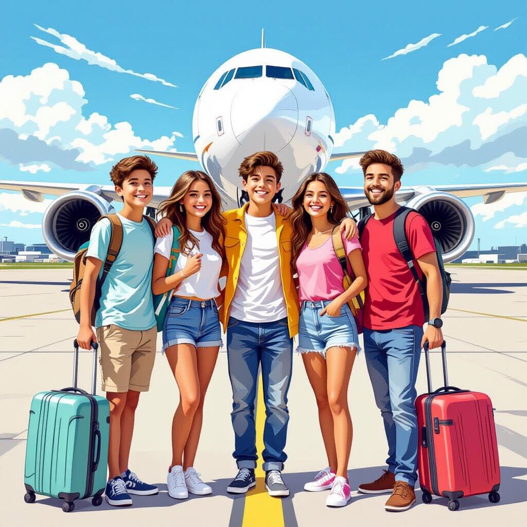 Joyful Tourists Prepare for Flight in Digital Art Style
