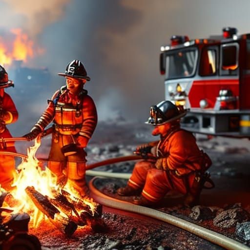Miniature Firemen Extinguishing Campfire, Tilt-Shift Photo