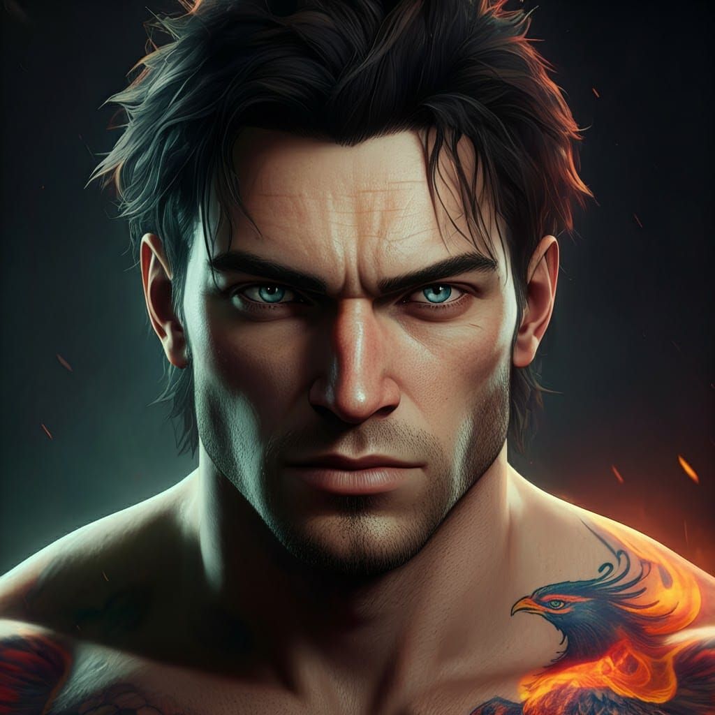 Man with Phoenix Tattoo in Art Nouveau Style