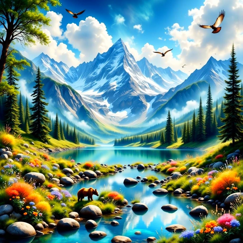 Ethereal Watercolor Landscape with Majestic Mountains and Se...