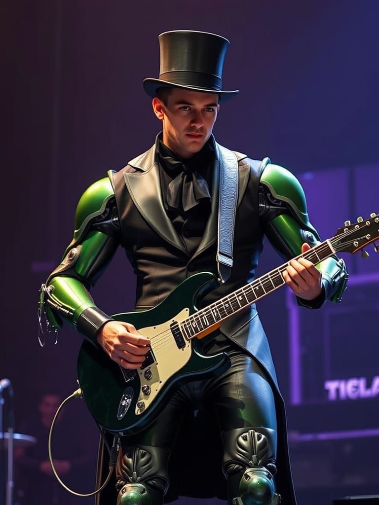 Steampunk Musician with Mechanical Limbs on Stage