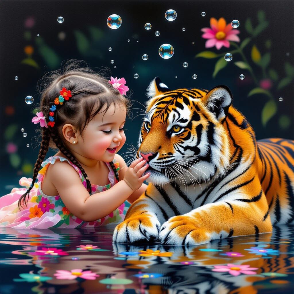 Joyful Baby Girl Petting Tiger Amidst Dreamlike Worlds