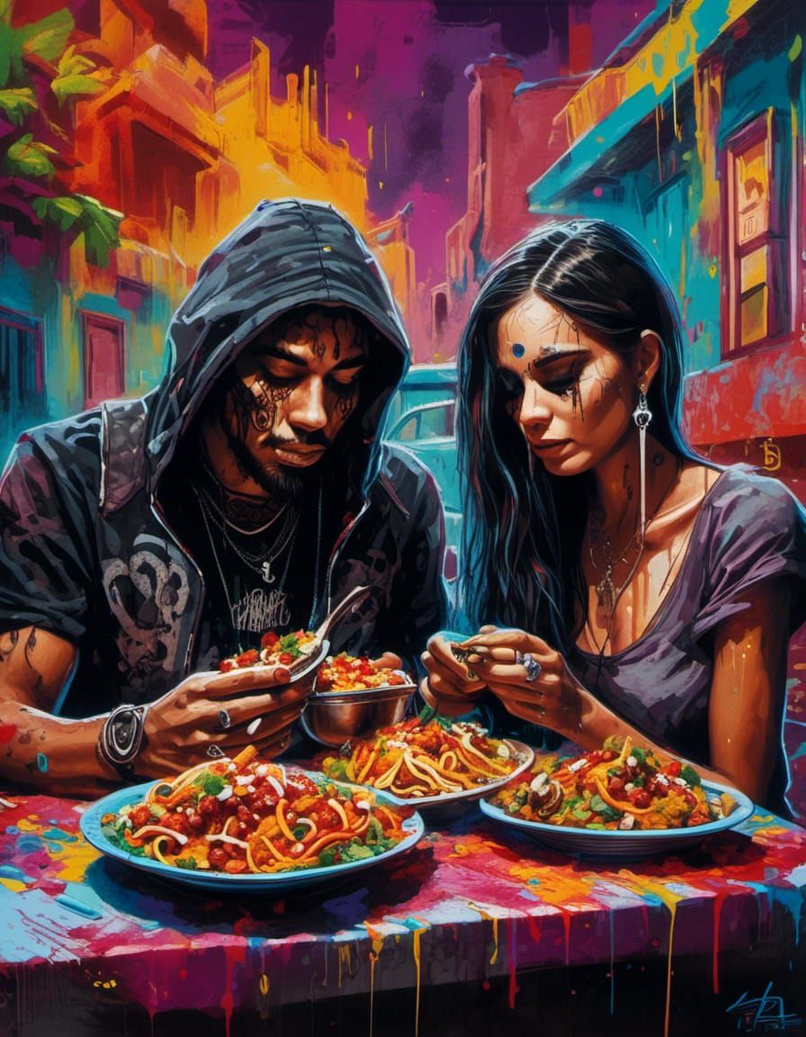 Gothic Couple Enjoying Mexican Food in Graffiti Art