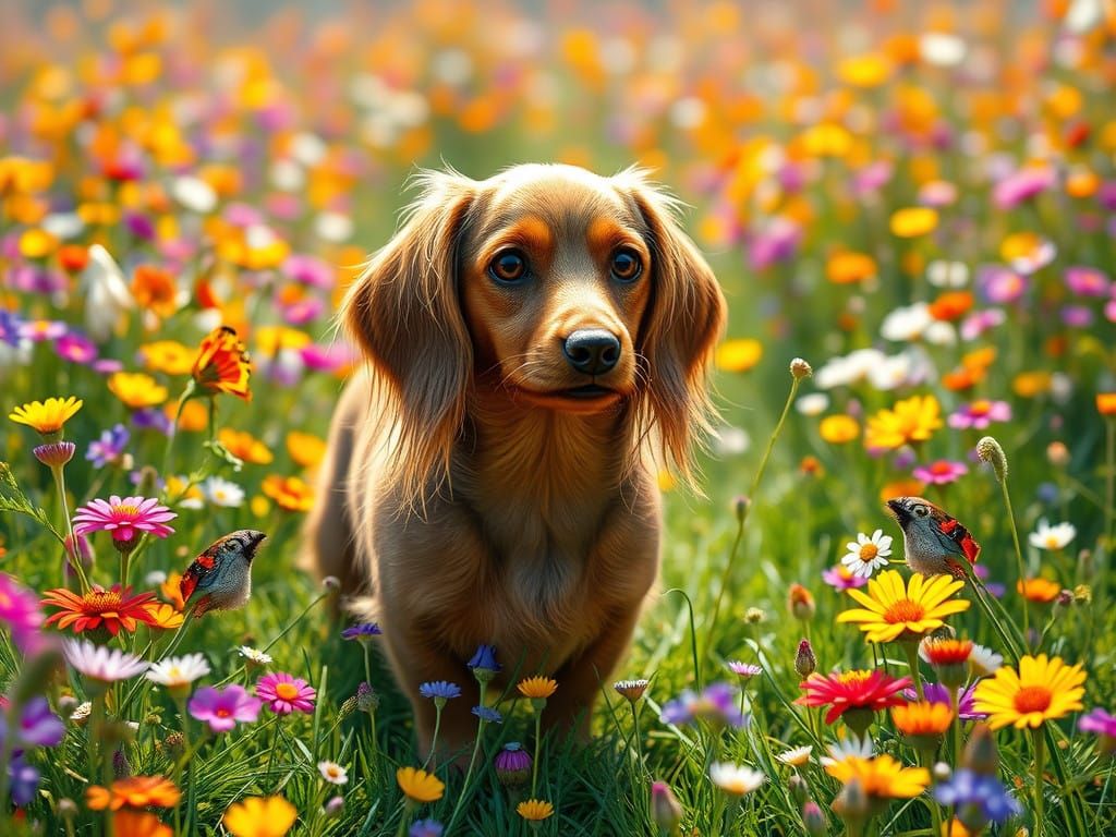 Fantasy Dachshund in Vibrant Wildflower Wonderland