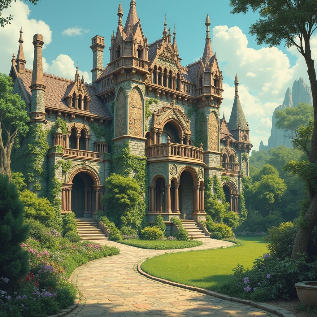 Grand Mansion in Medieval-Futuristic Fantasy Style