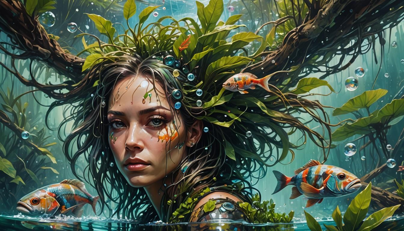 Cyberpunk Bio-Cybernetic Woman in Tropical Underwater Ecosys...