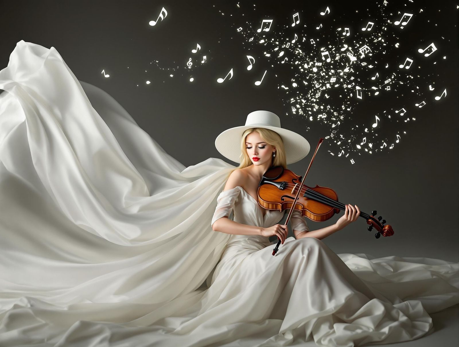 Ethereal Woman with Violin Releases Musical Notes