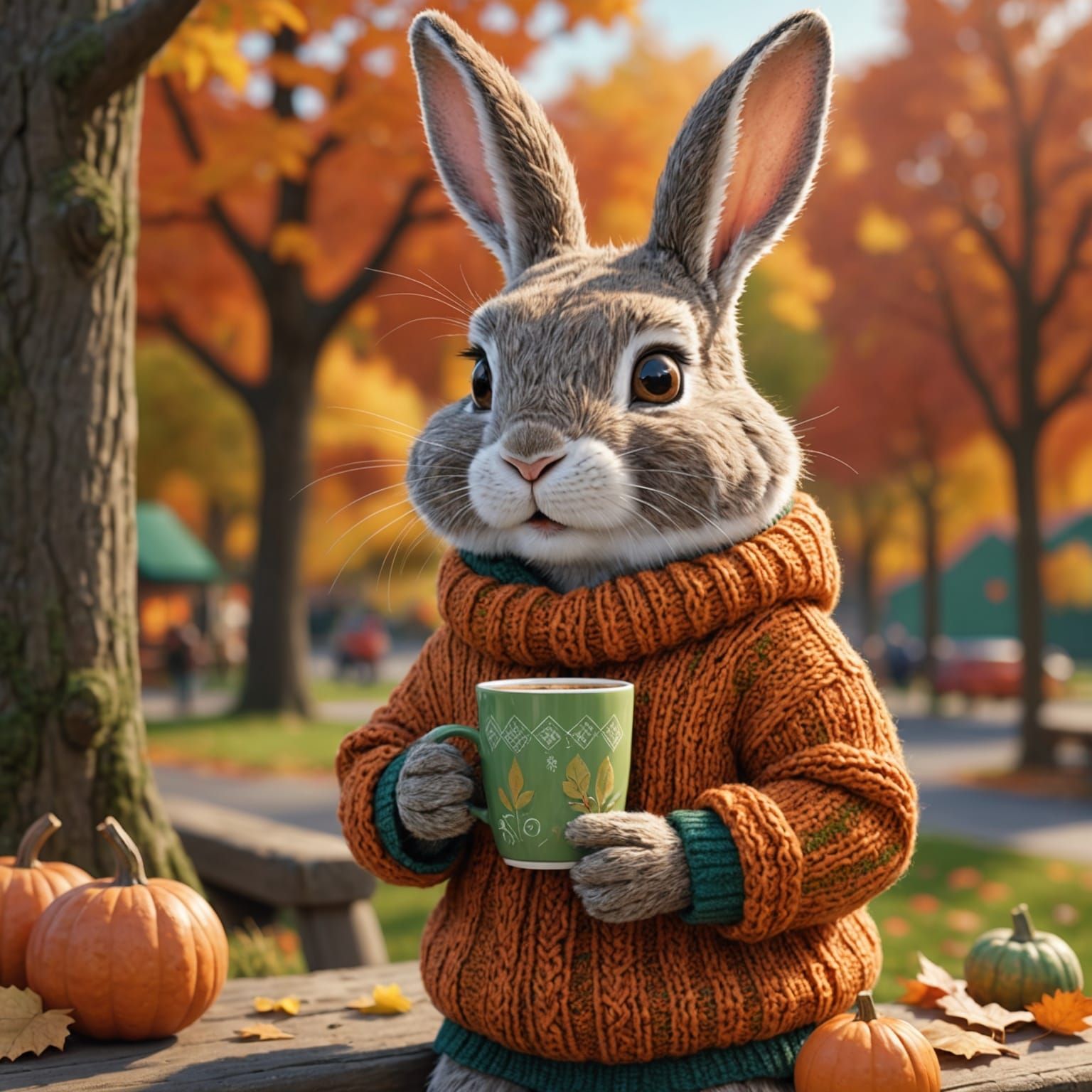 Cozy Rabbit with Cocoa in Autumn