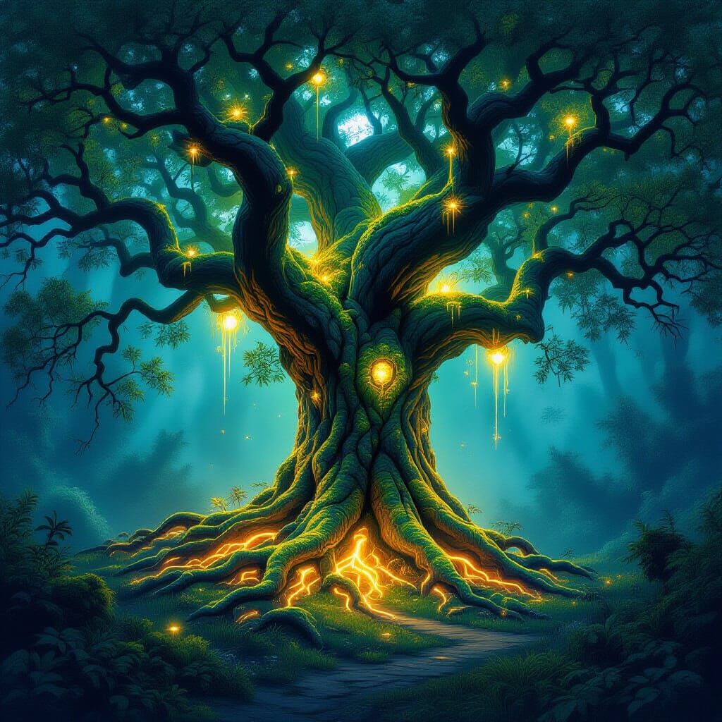 Mystical Tree with Glowing Roots in Fantasy Forest