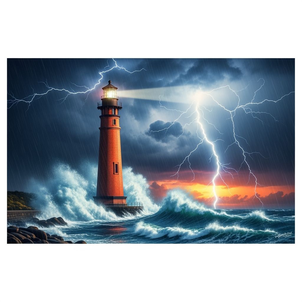 Hyperrealistic Lighthouse Braving a Stormy Sea