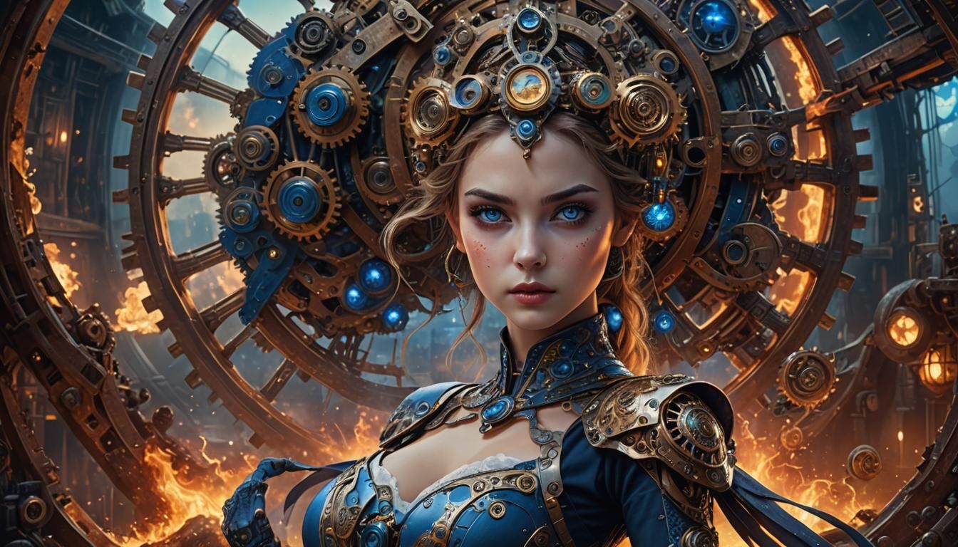 Steampunk Ballerina: Half-Machine Dancer on Fiery Stage