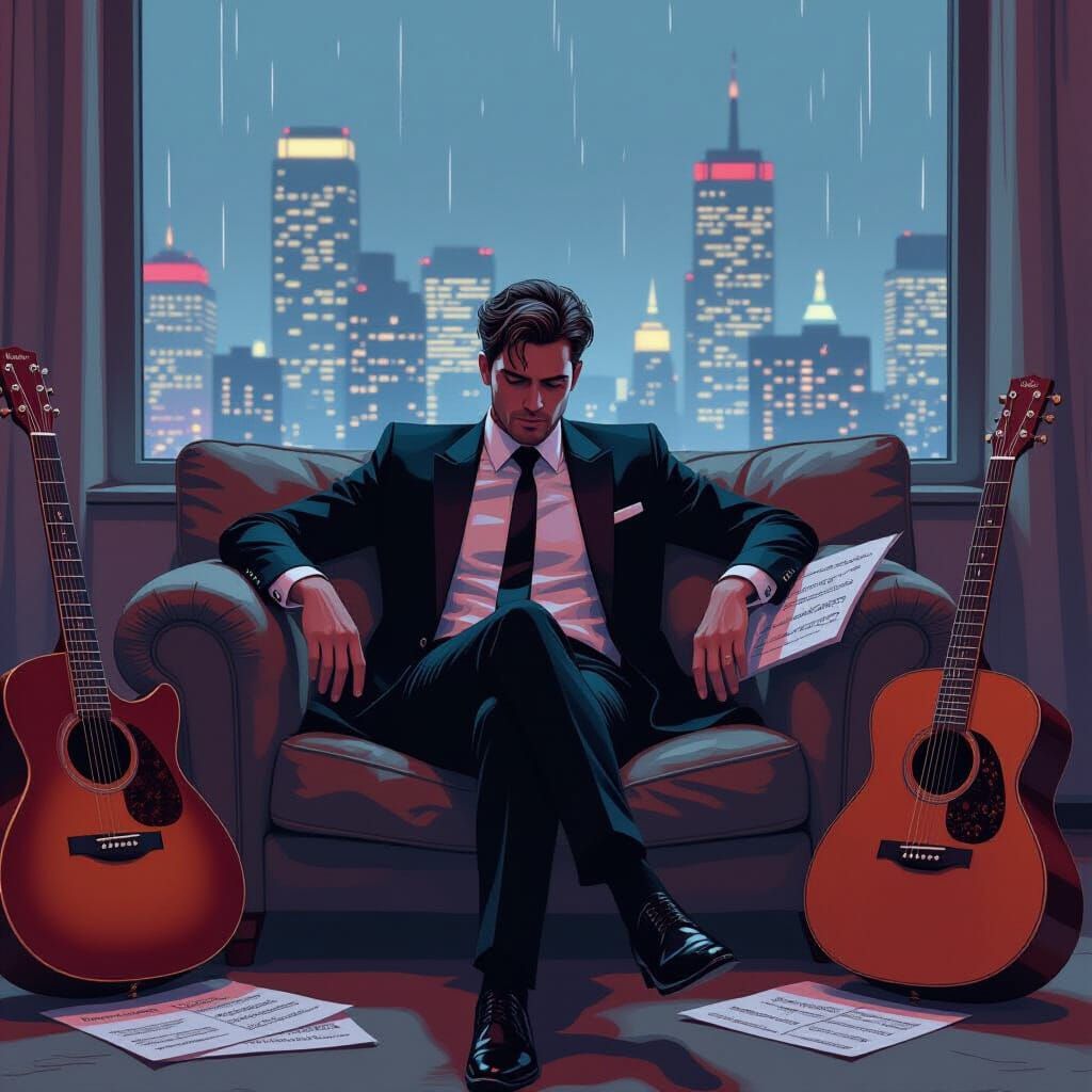 Musician Relaxing in a Cyberpunk-Style Cityscape