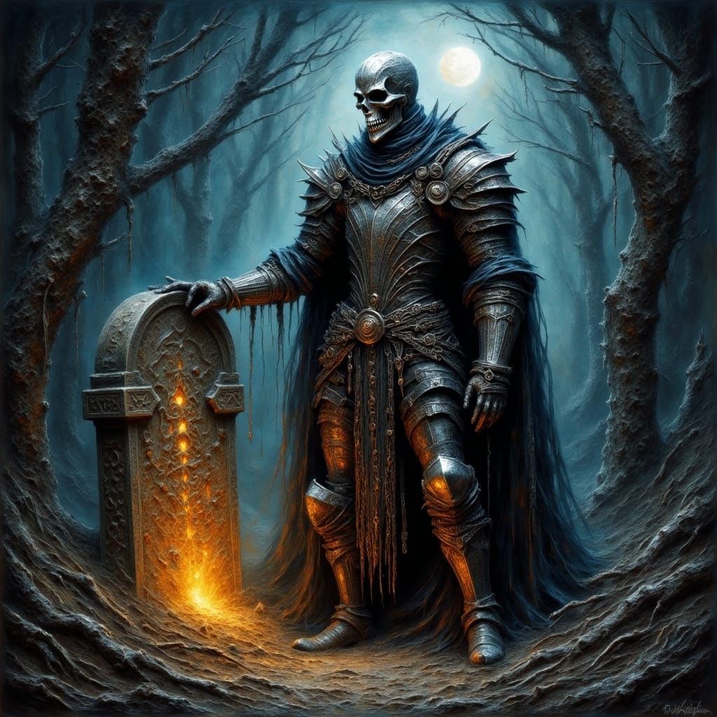 Spectral Knight Guards Tomb in Dark Fairytale Forest
