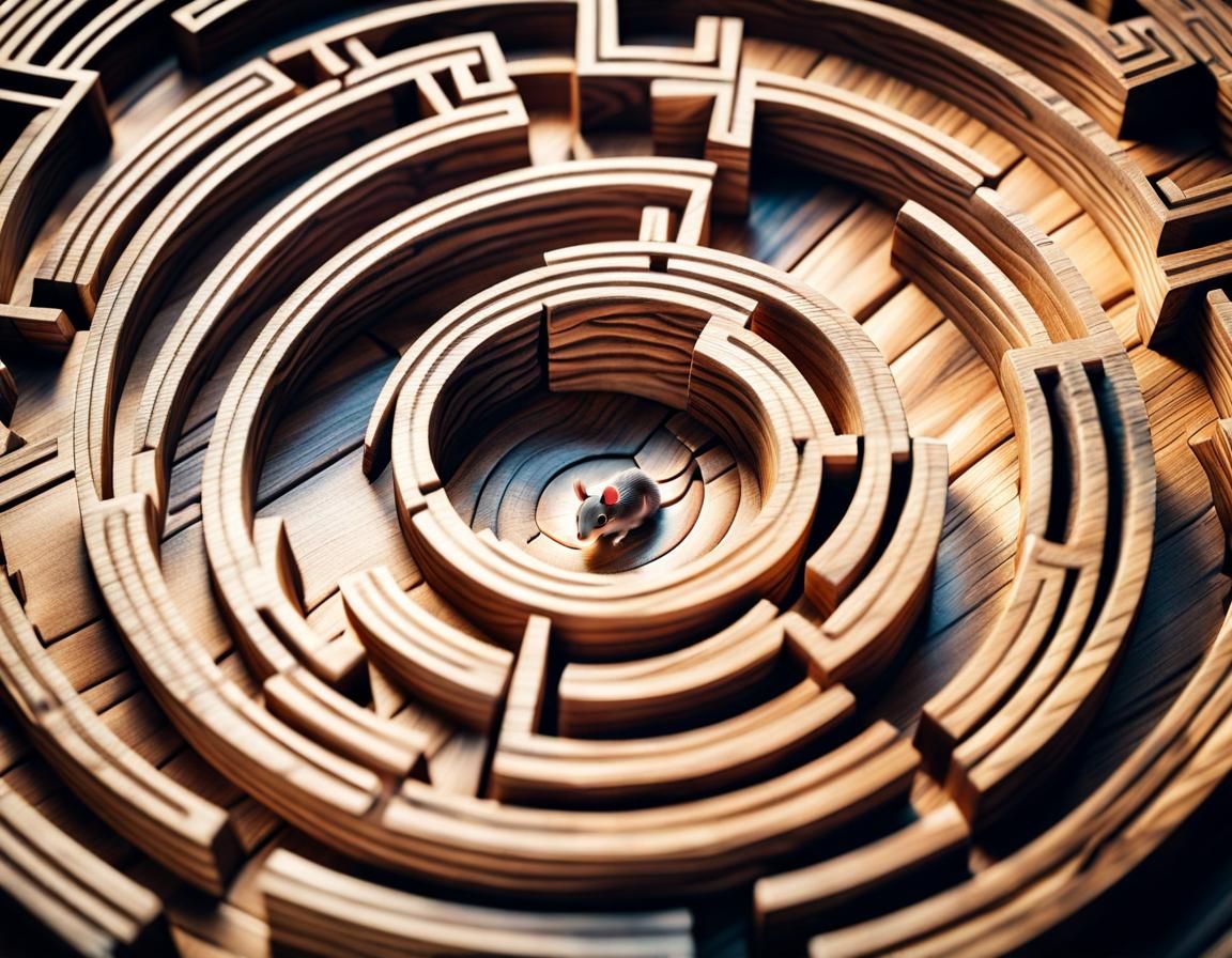 Mouse in Wooden Labyrinth: Photorealistic Detail