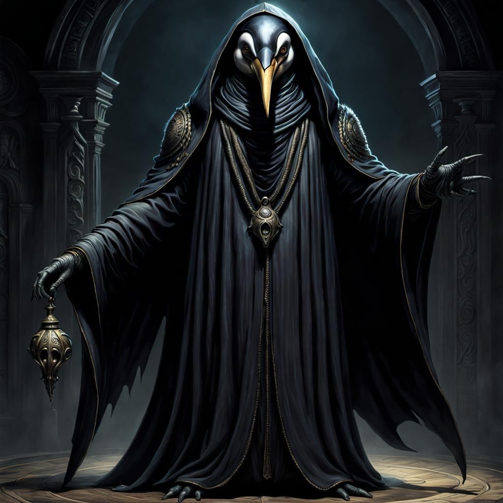 Sinister Figure Removing Penguin Mask in Dark Fantasy Style