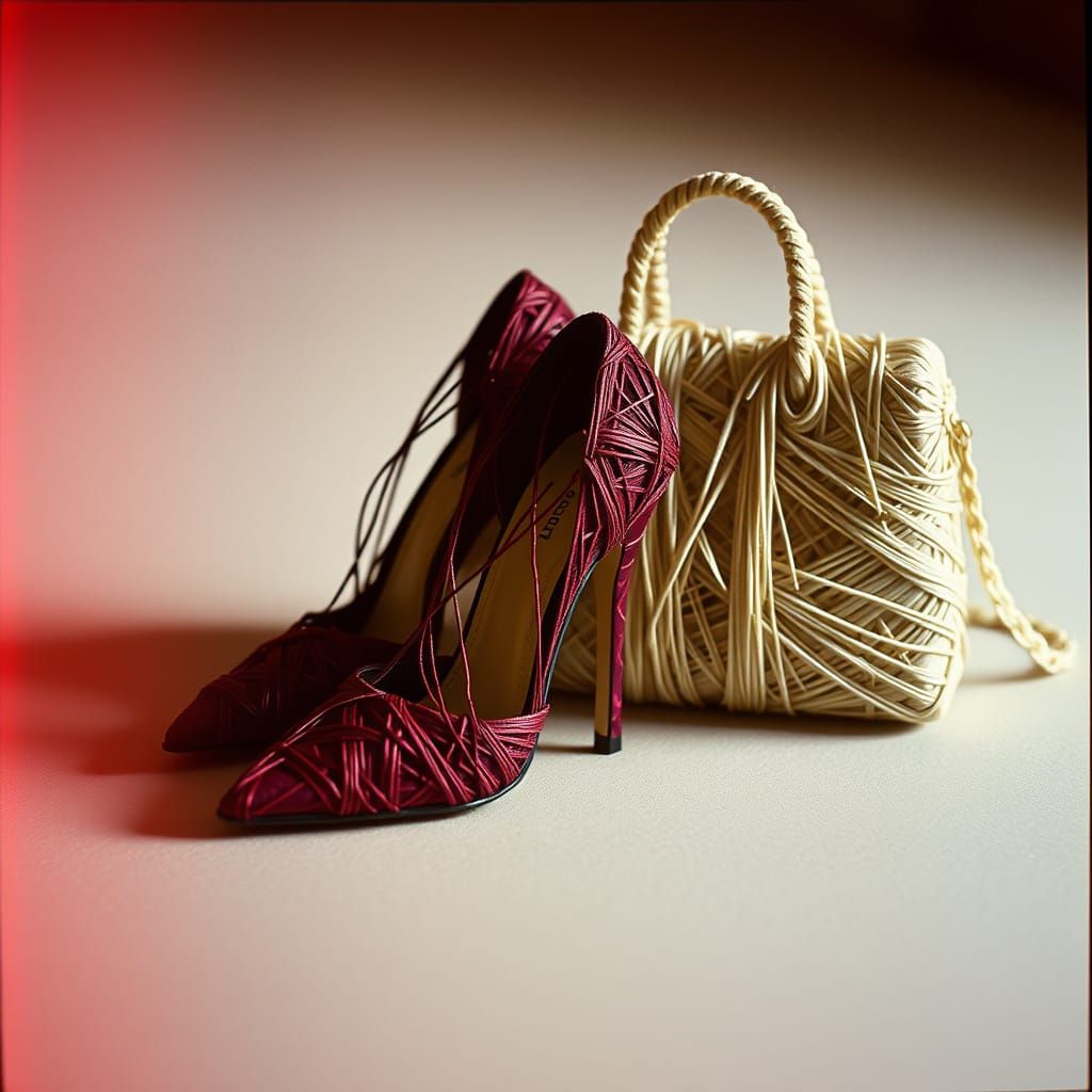Cinematic String Heels and Bag in Vignette Lighting