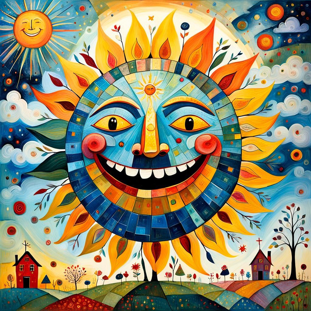 Smiling Sun in Whimsical Folk Art Style