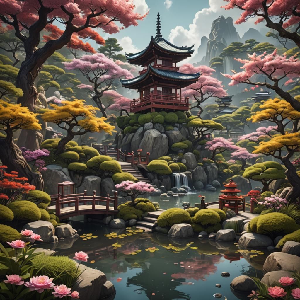 Japanese Tea Garden in Impasto Oil Style