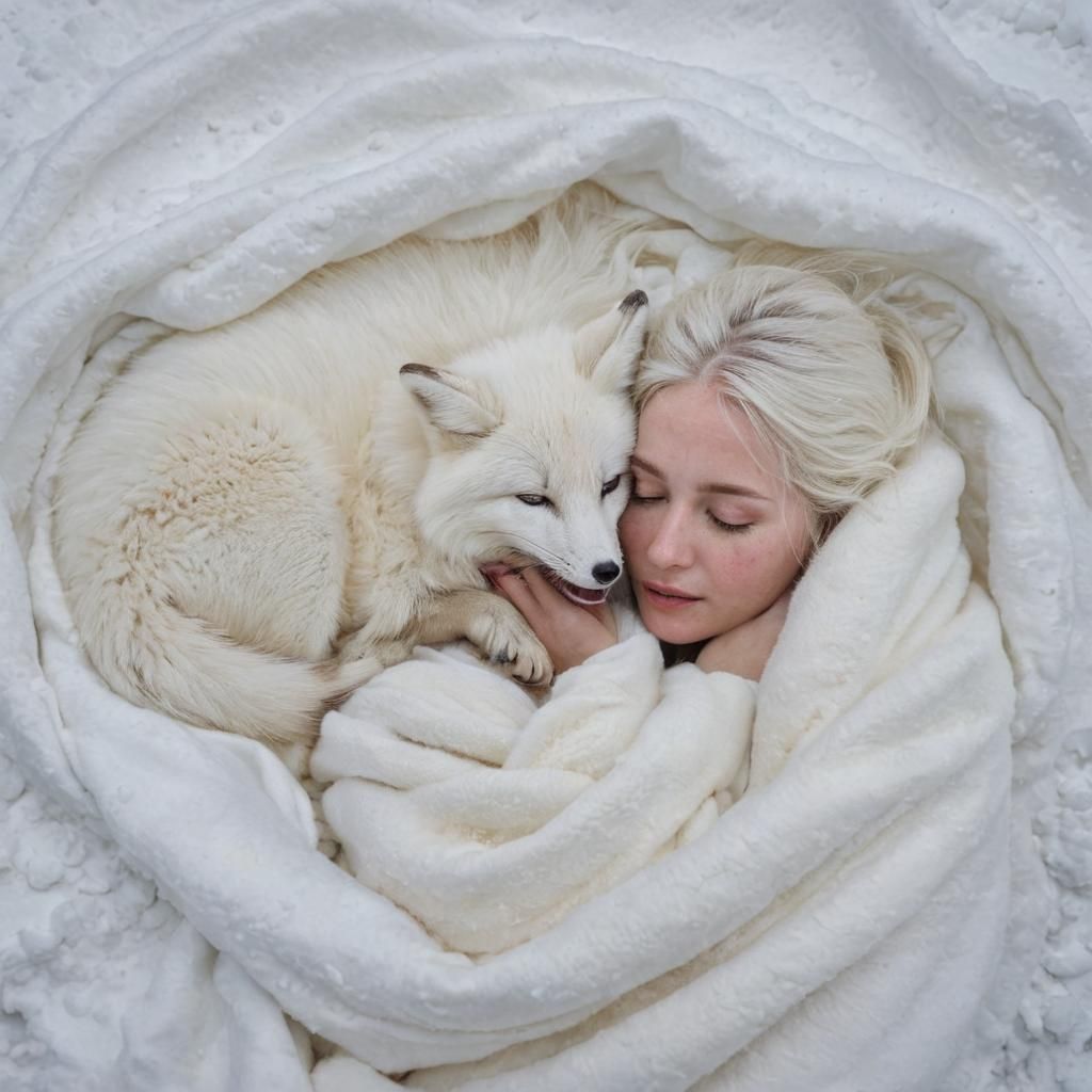 Baby and Fox Snuggling in Blizzard, Alcohol Ink