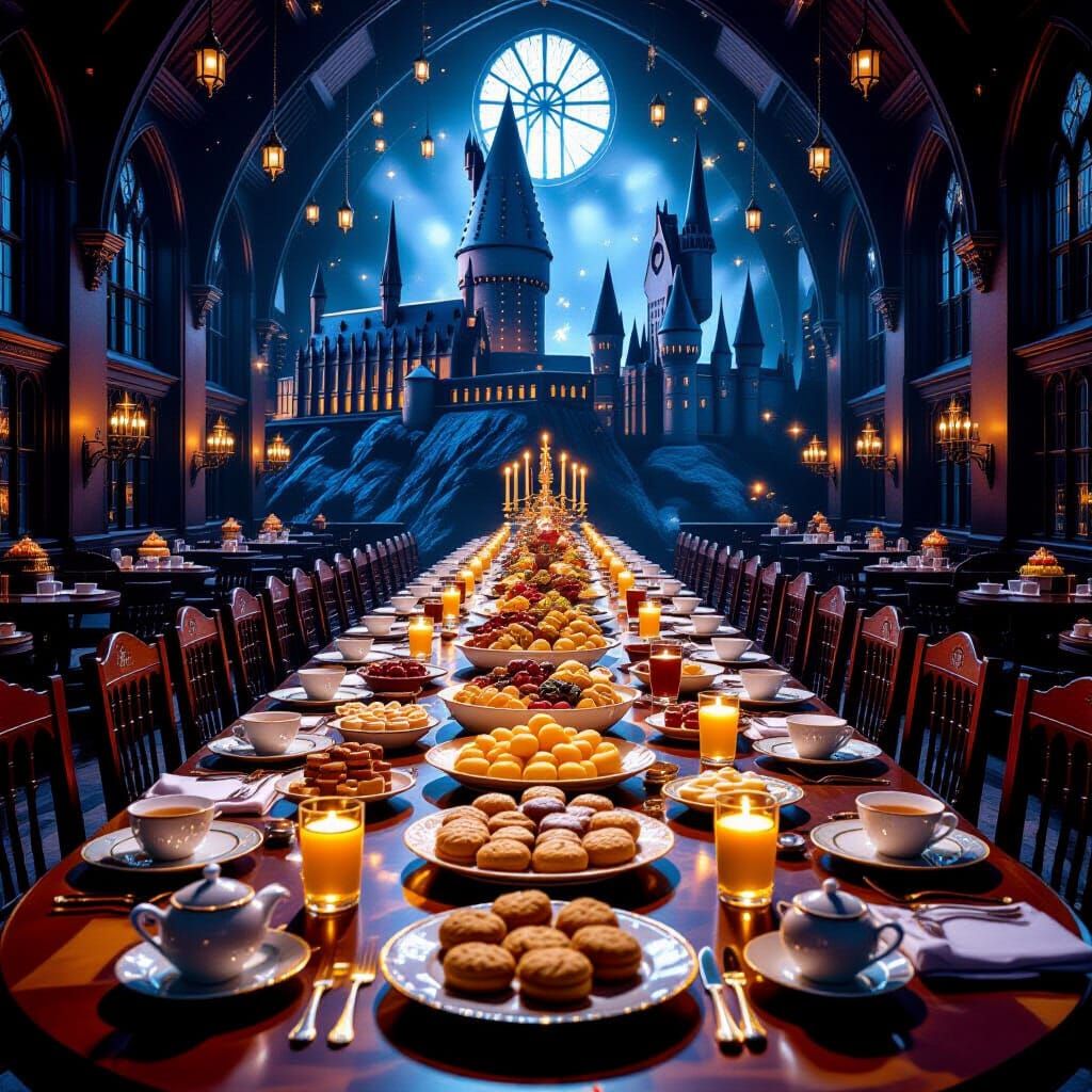 Magical Feast in Grand Hall: Hyperrealistic Photography