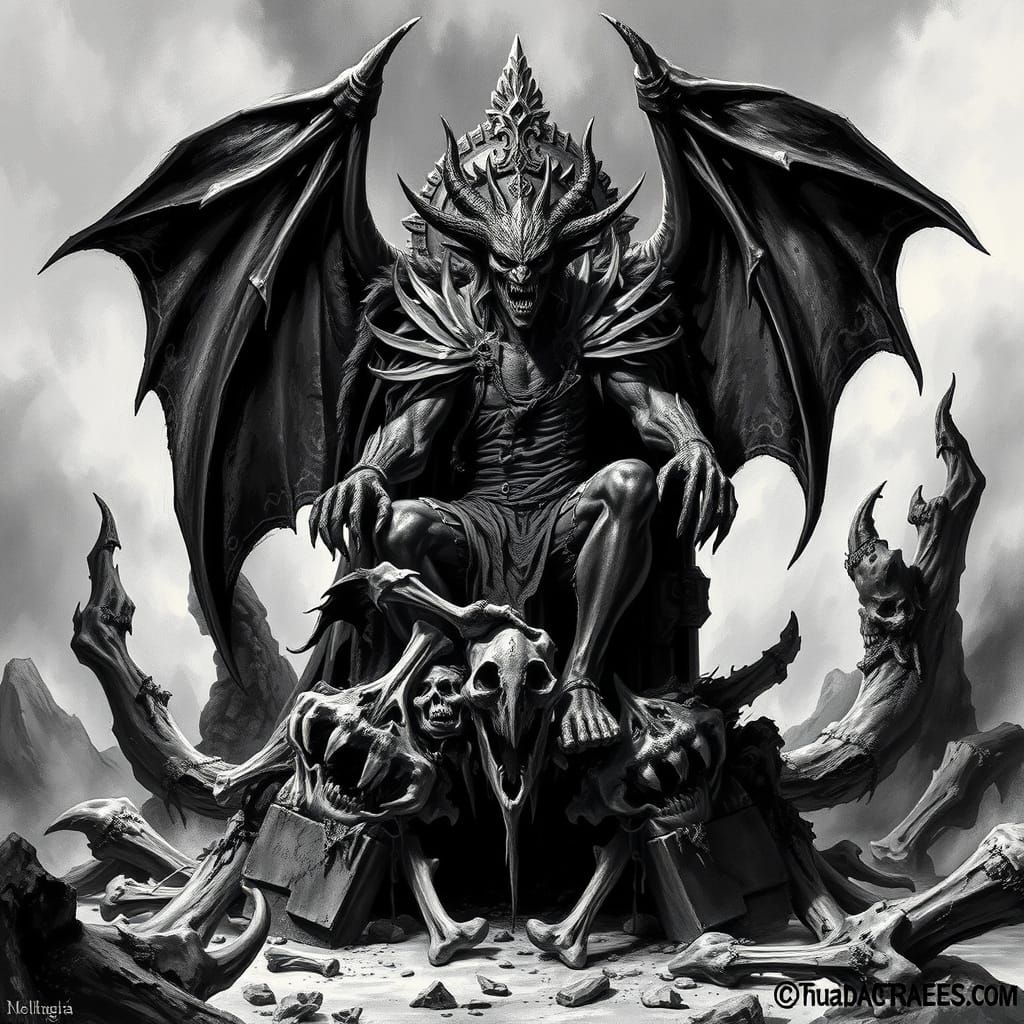 Grayscale Demon King on Bone Throne