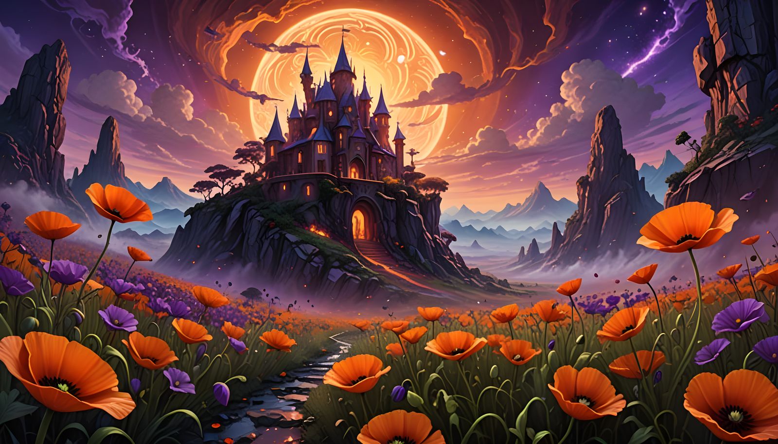 Cosmic Poppy Field in Surreal Digital Painting Style