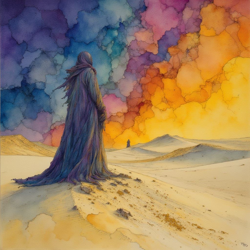 Time-Weaver on Desert Dune in Neurographic Ink Style