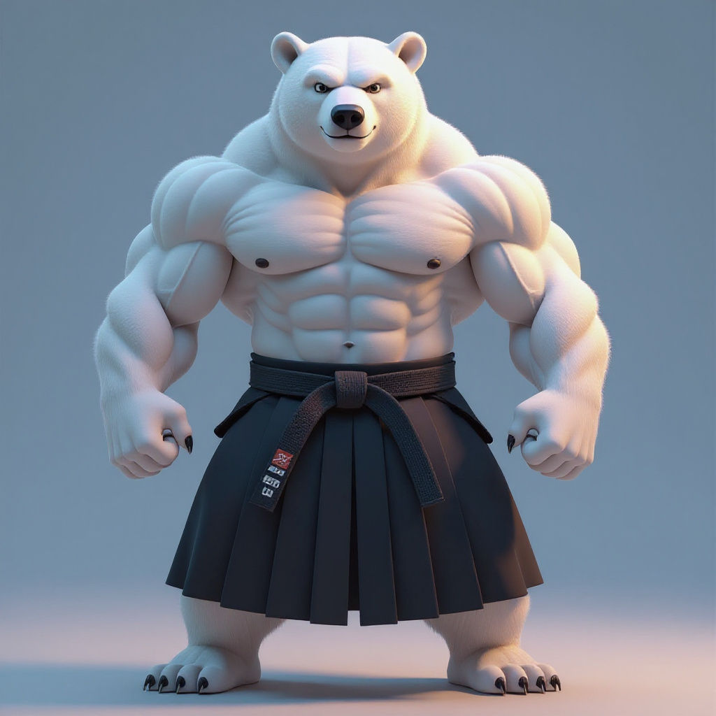 Bipedal Polar Bear Practicing Aikido, 3D Rendered