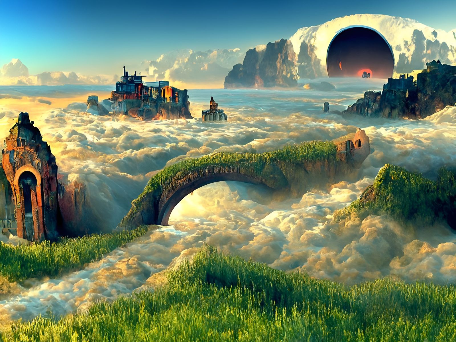 Cliffside Castle Portal in Surreal Digital Art Style