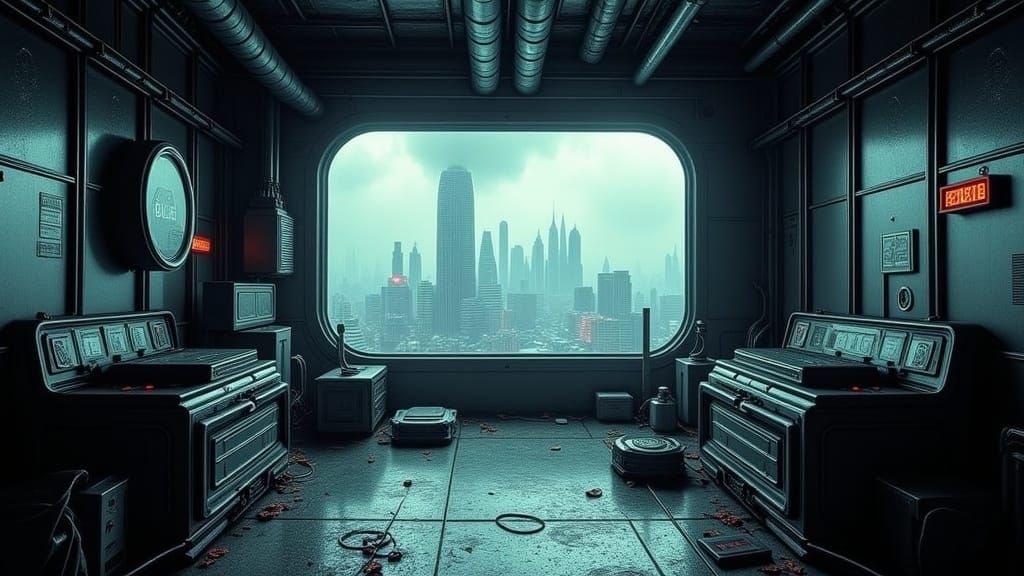 Dystopian Room Interior with Cityscape, in Cyberpunk Style