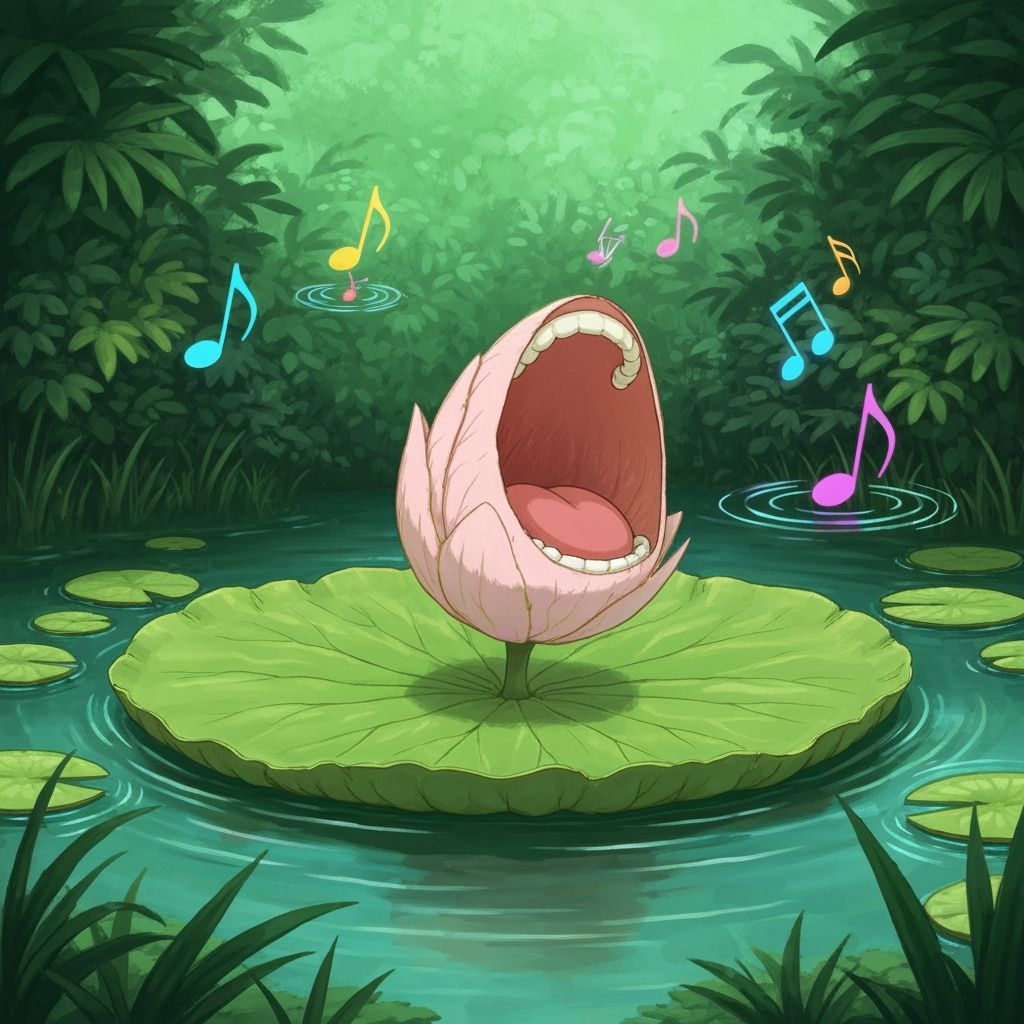 Singing Turtle on Lily Pad in Serene Pond